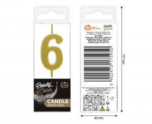 Świeczka piker B&C cyferka 6, metaliczna złota, 9.5x2.3 cm