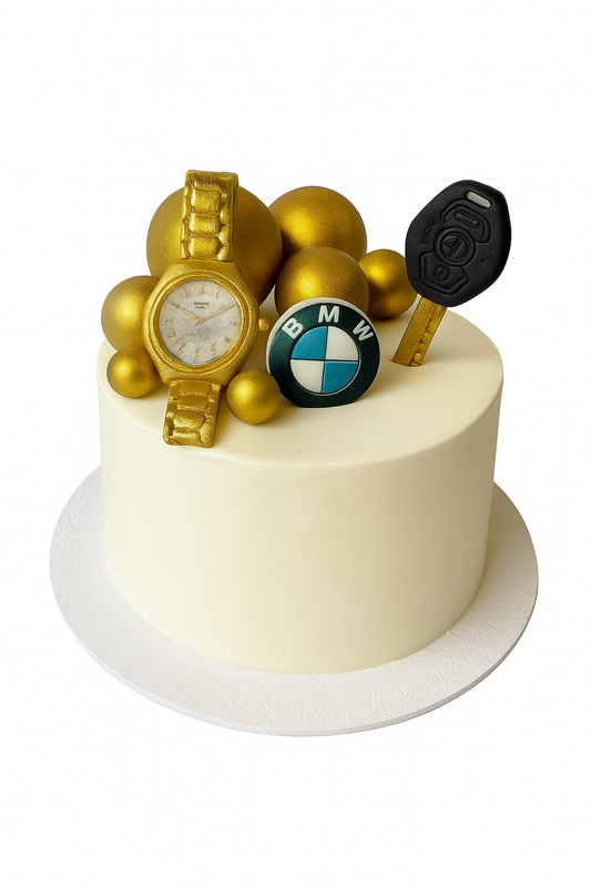 Dekoracja cukiernicza - zegarek, kluczyk BMW i emblemat, zestaw z masy cukrowej