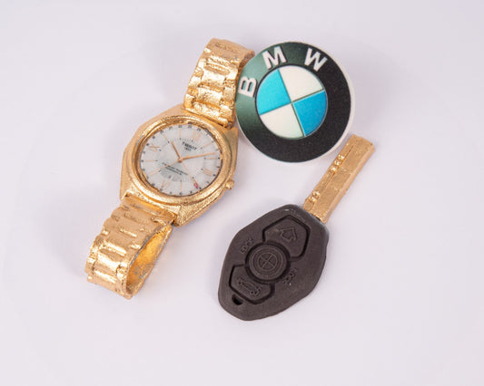 Dekoracja cukiernicza - zegarek, kluczyk BMW i emblemat, zestaw z masy cukrowej