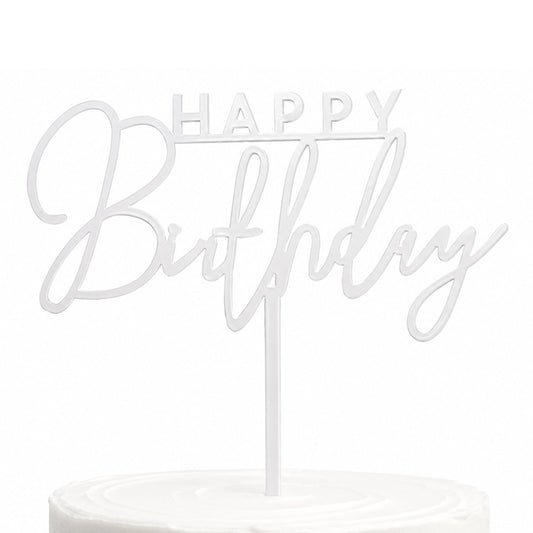 Topper akrylowy na tort Happy Birthday biały