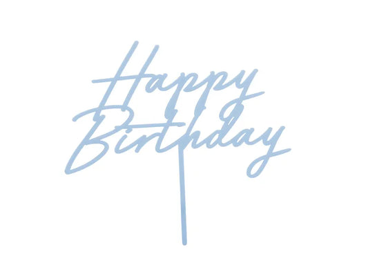 Topper akrylowy na tort HappyBirthday, mglisty niebieski, 16.5 cm
